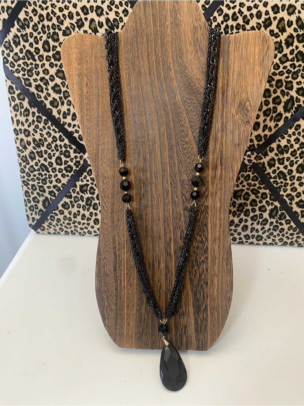 Crown Trifari Vintage Black Multi Strand Chain Necklace Large Teardrop Pendant